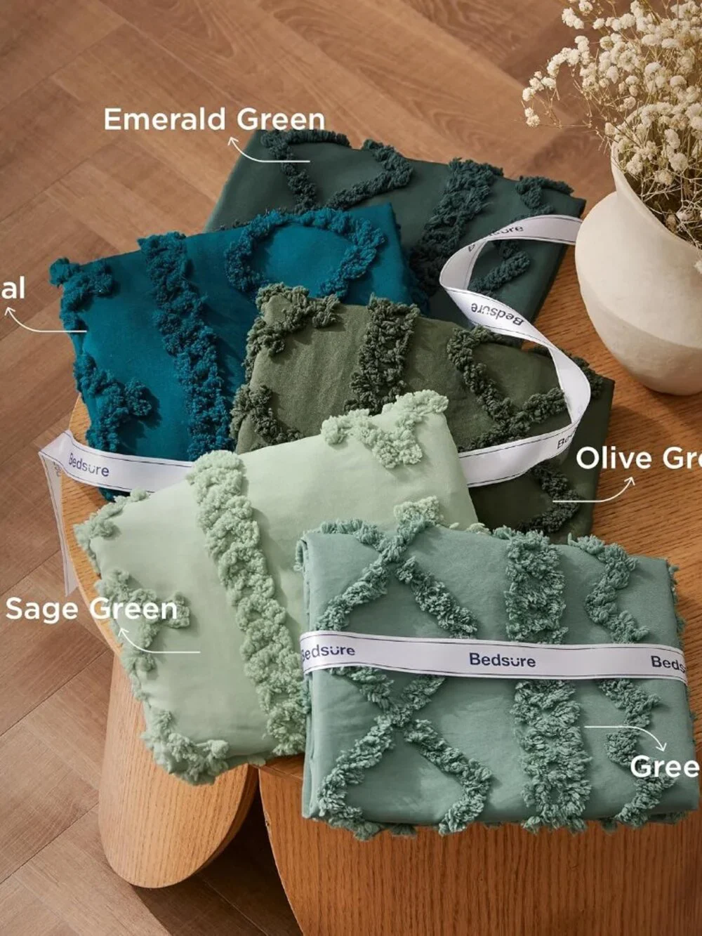 Tufted Boho Comforter Set Queen Size - Olive Green Boho Bed Set, GentleSoft 3 Pi
